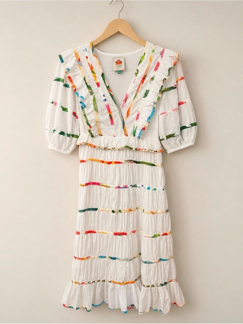 FARM Rio White Ruffle Tiered Dress XS Colorful Print Lightweight Side Zip